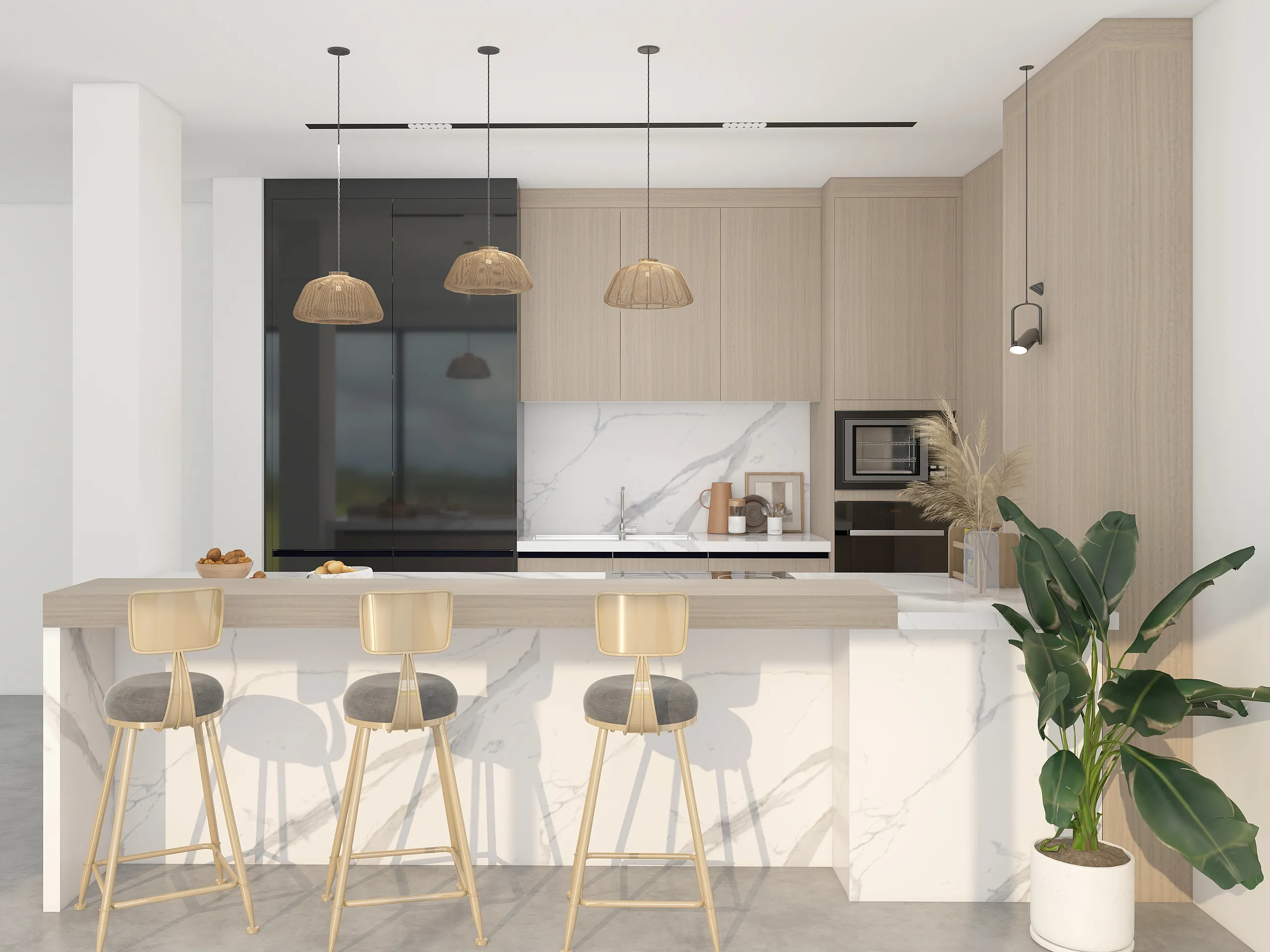 Sleek combination of light oak wood melamine and lacquer for a minimalist modern kitchen