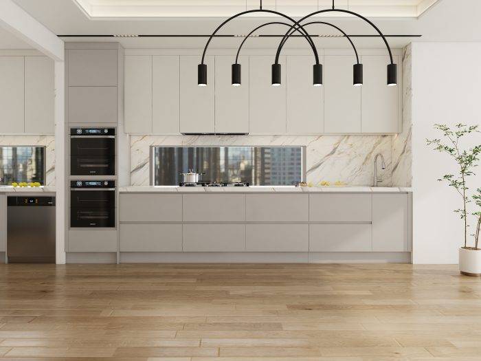Sleek, handleless cabinets for a clean, modern kitchen design.