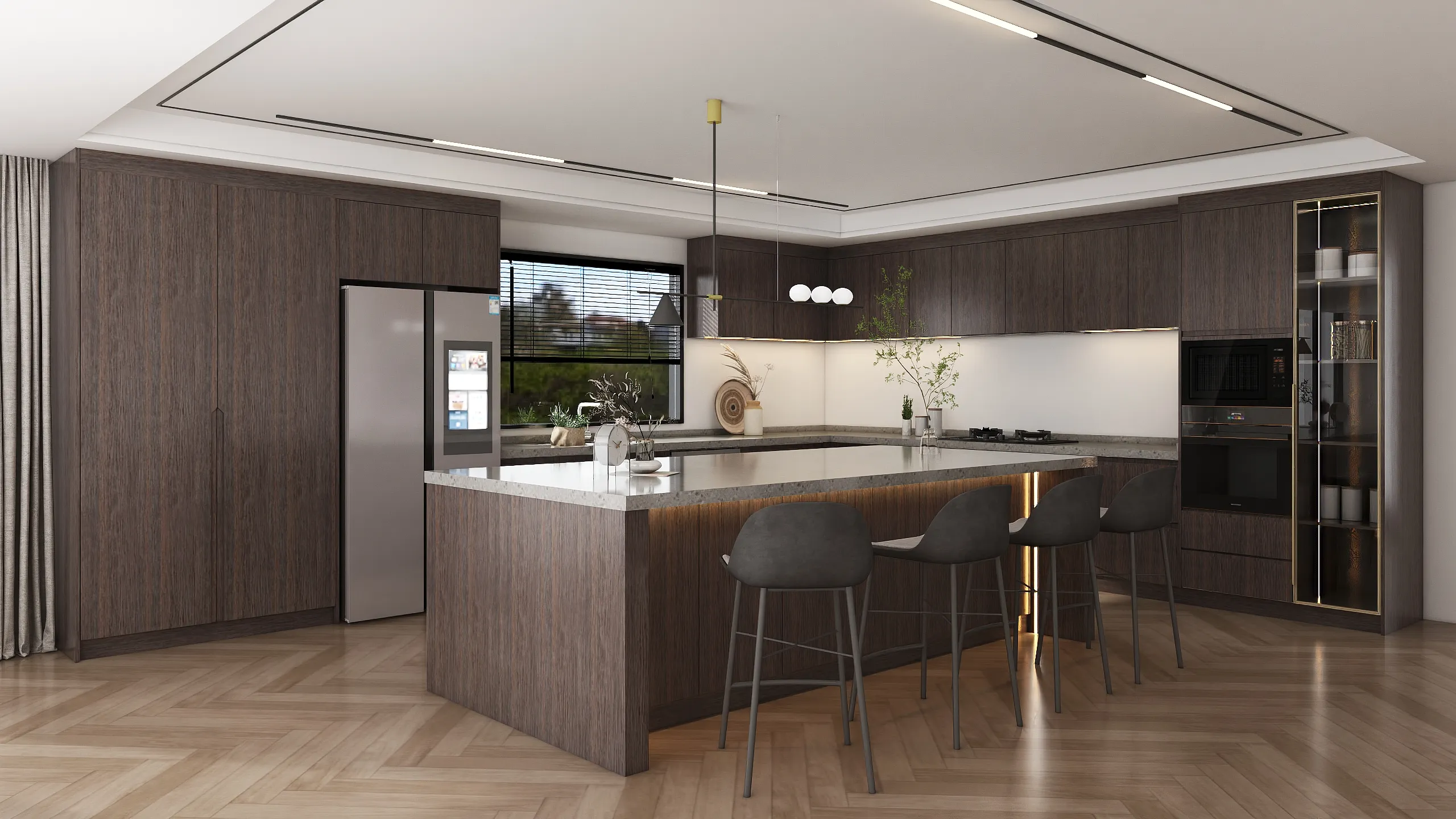 Smoked wood veneer cabinets with sleek marble countertops under-cabinet lighting, and modern design elements