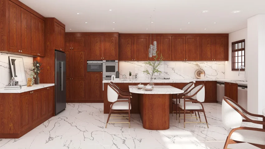 Solid Wood Kitchen Cabinets with Elegant Design and Natural Finish