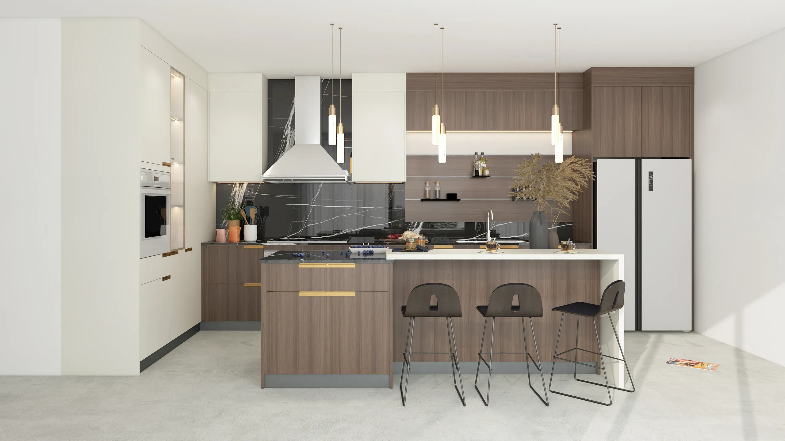 Sophisticated kitchen with dark melamine cabinetry paired with contrasting light walls, creating a sleek and modern atmosphere