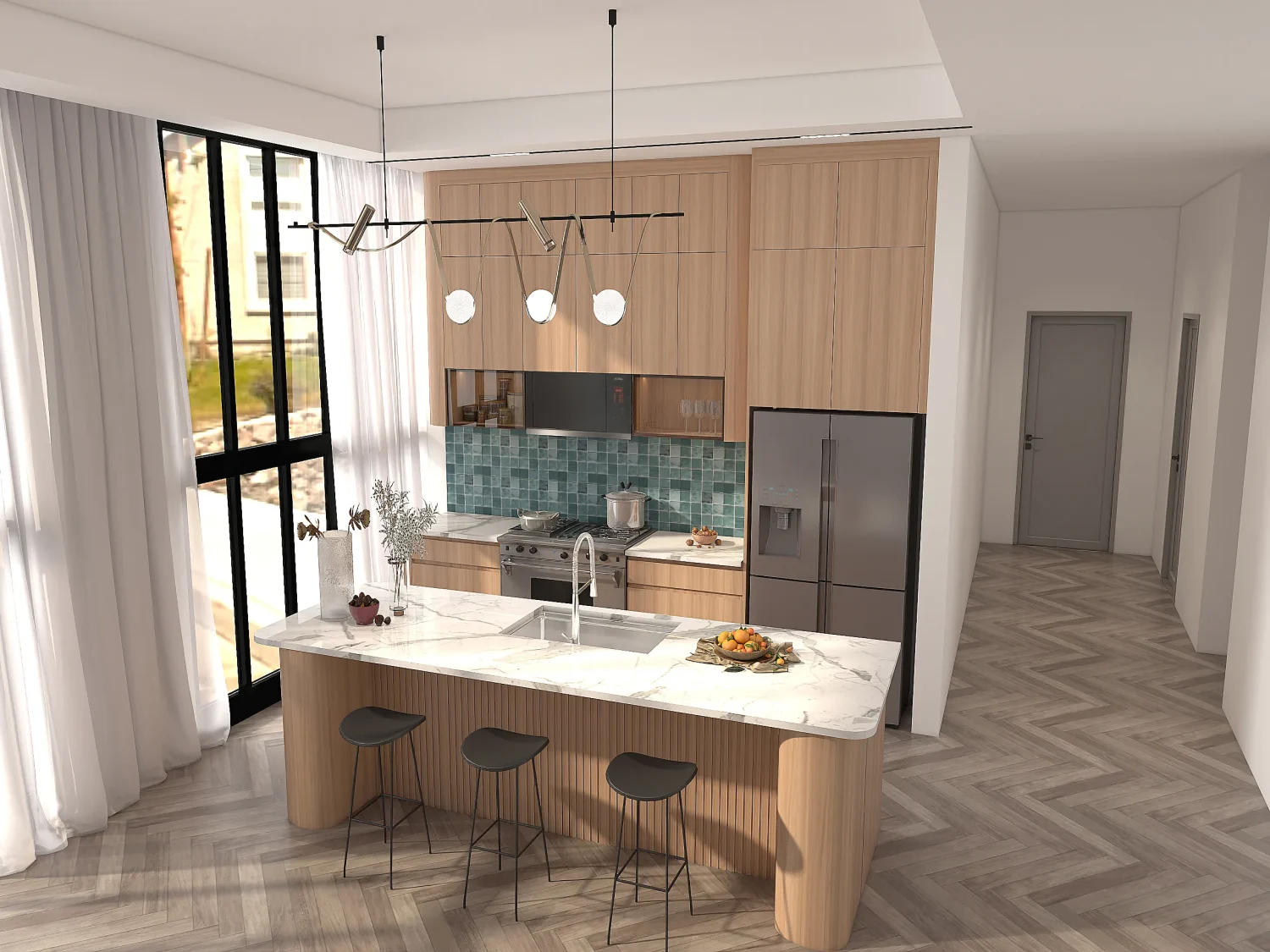 Tall melamine cabinets with a feature island design, making full use of vertical space