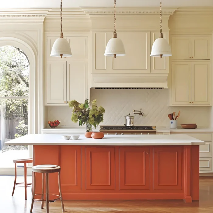 Utilice gabinetes de color naranja en una cocina rústica