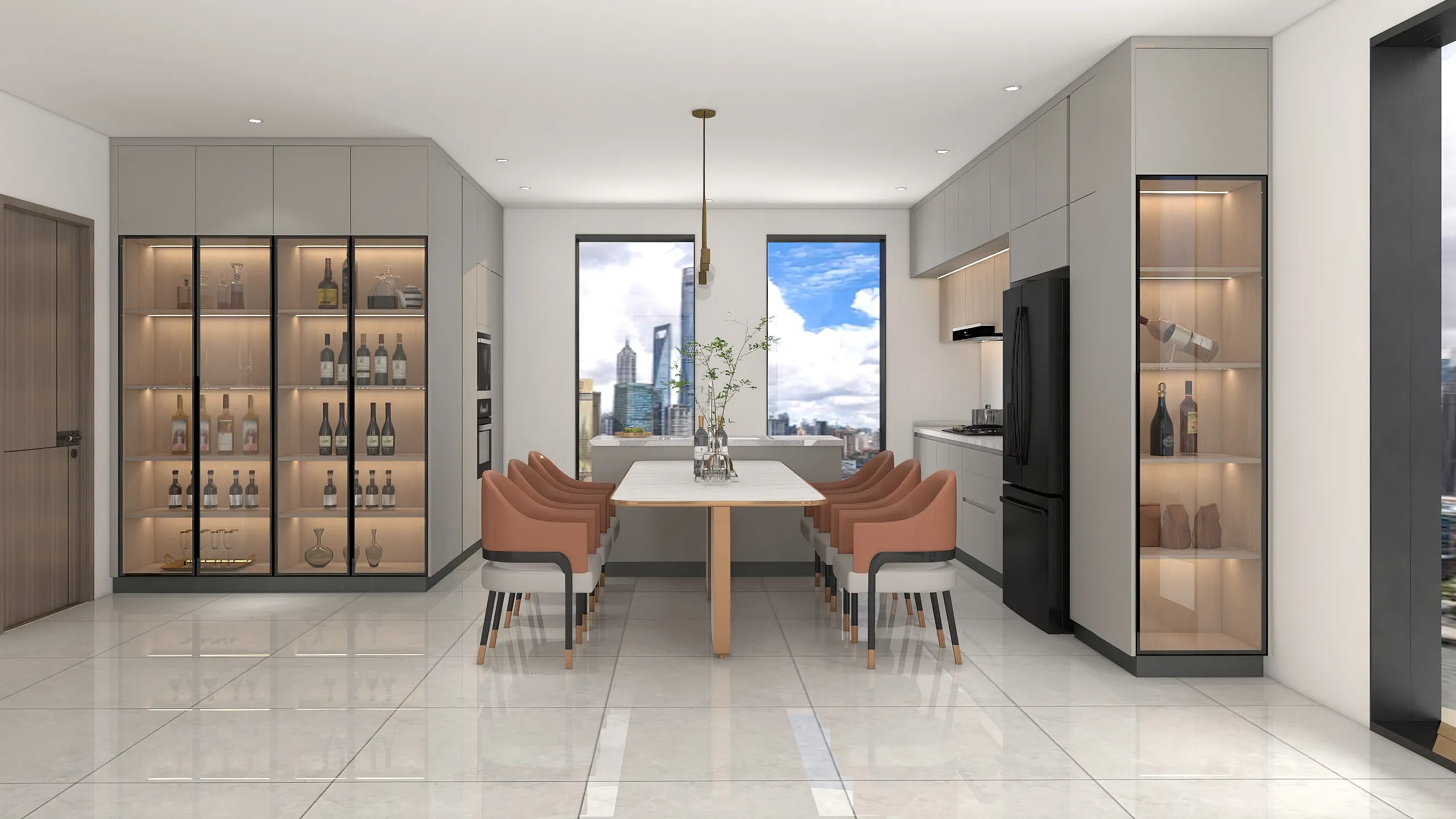 Warm Grey Matte Lacquer Kitchen Cabients With Glass Wine Cabients