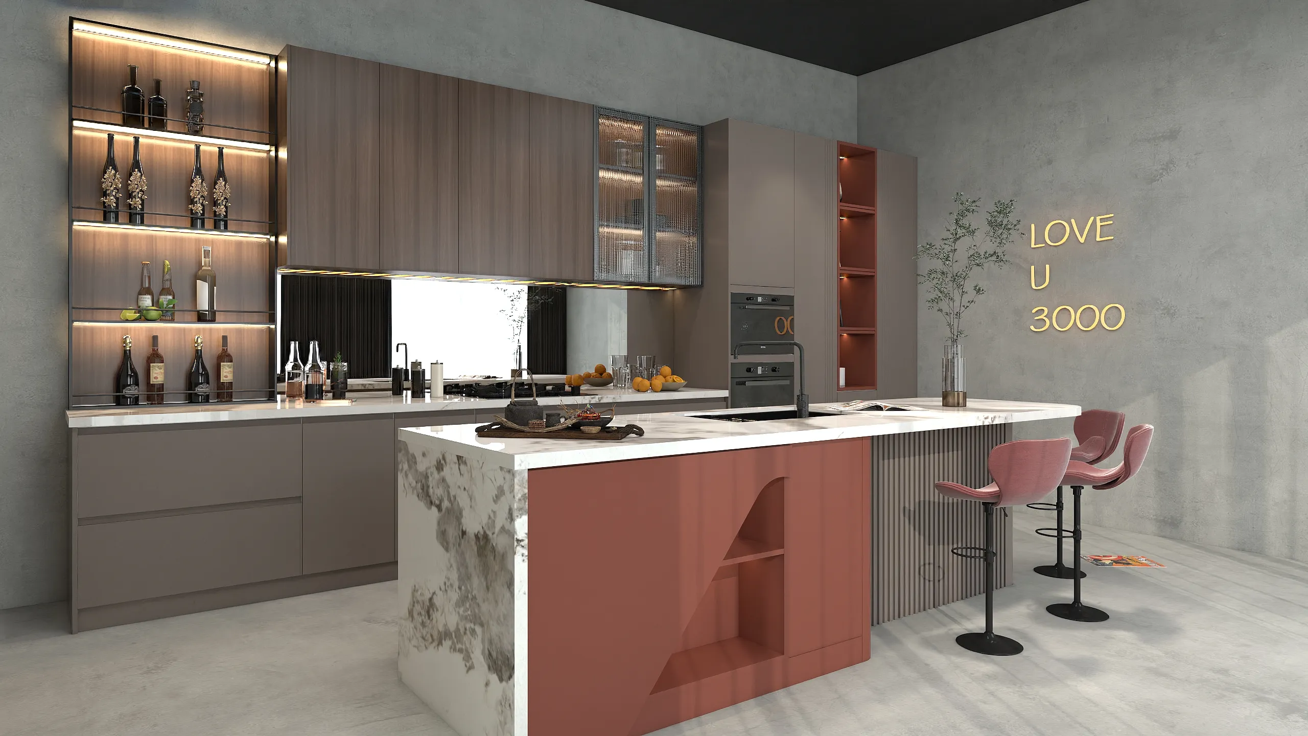 Warm Terracotta Lacquer Cabinets With Island And Open Shelves