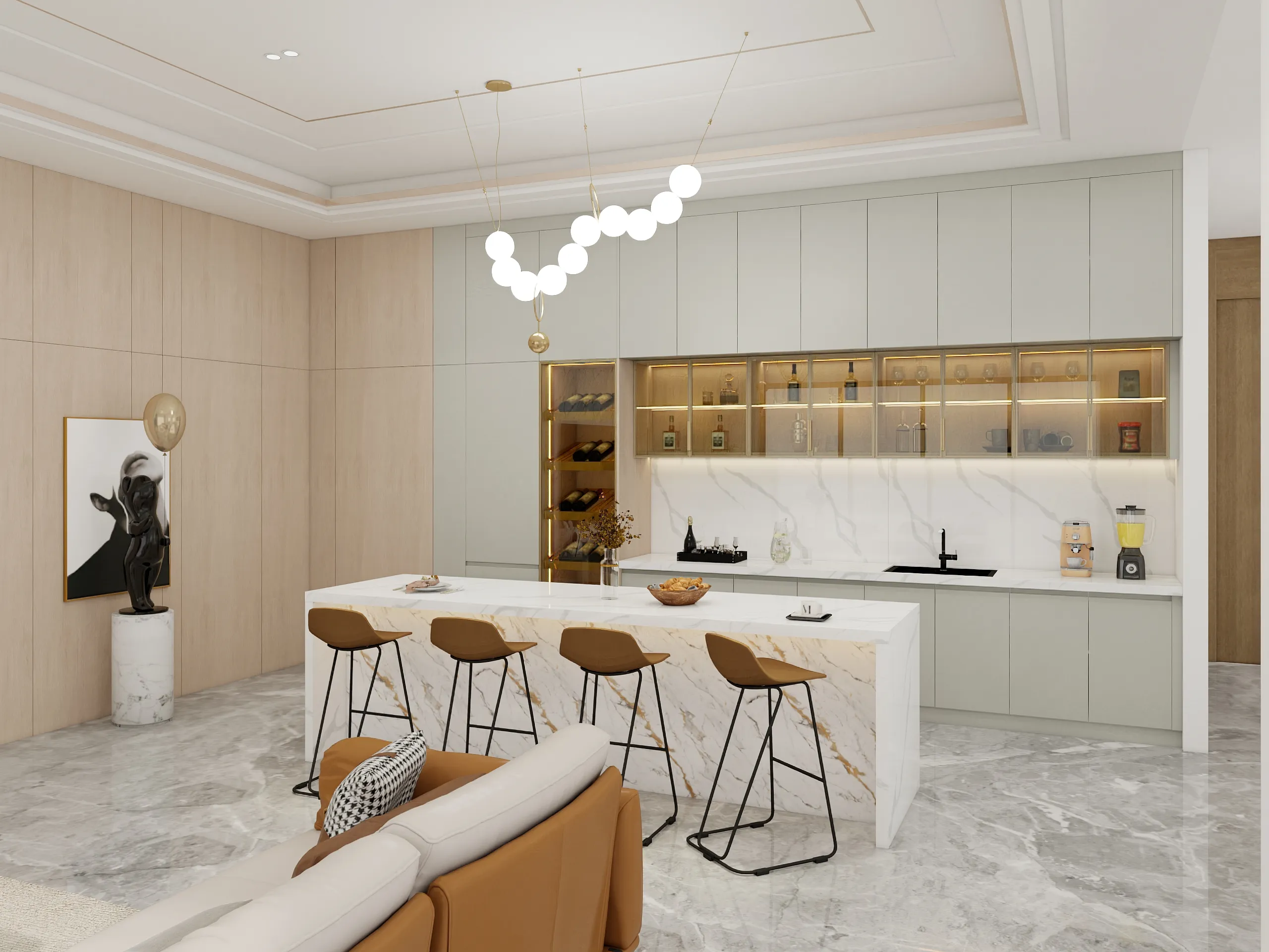 White Lacquer Kitchen Cabinets With Glass Door And Island