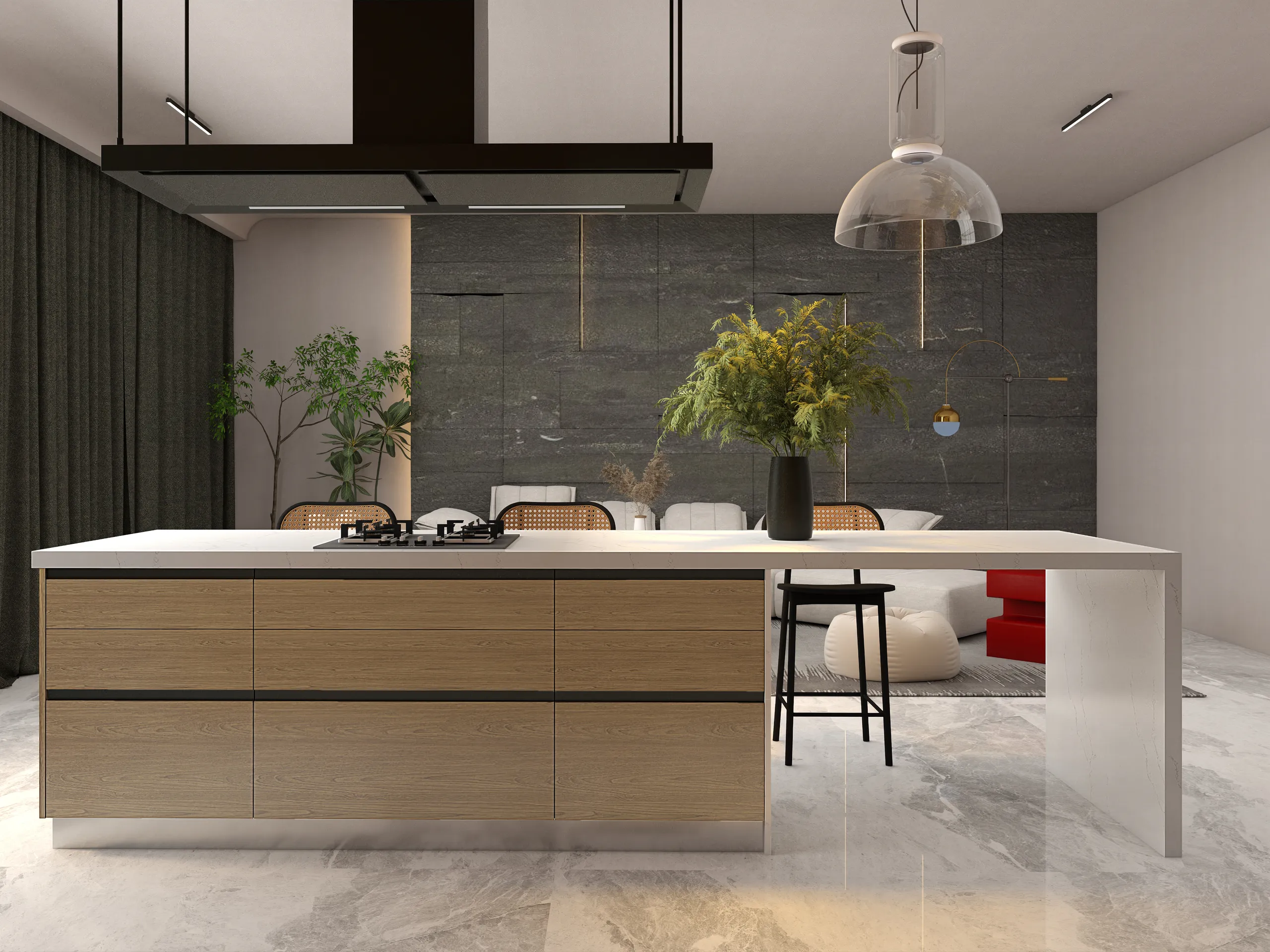 Wood Tone Melamine Kitchen Cabinets Island