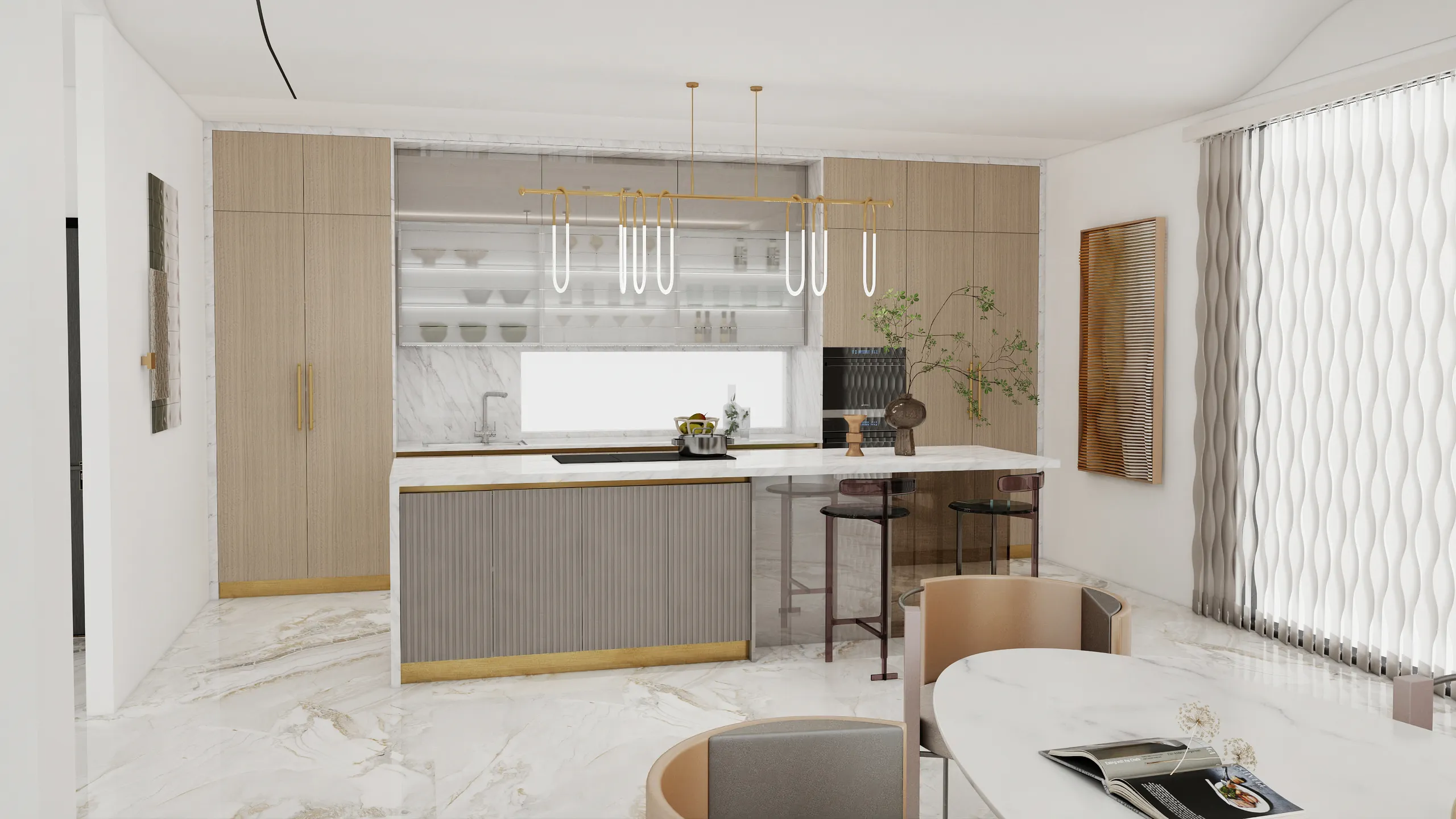 Wood veneer and marble kitchen featuring modern glass shelves sleek lines and stylish lighting fixtures