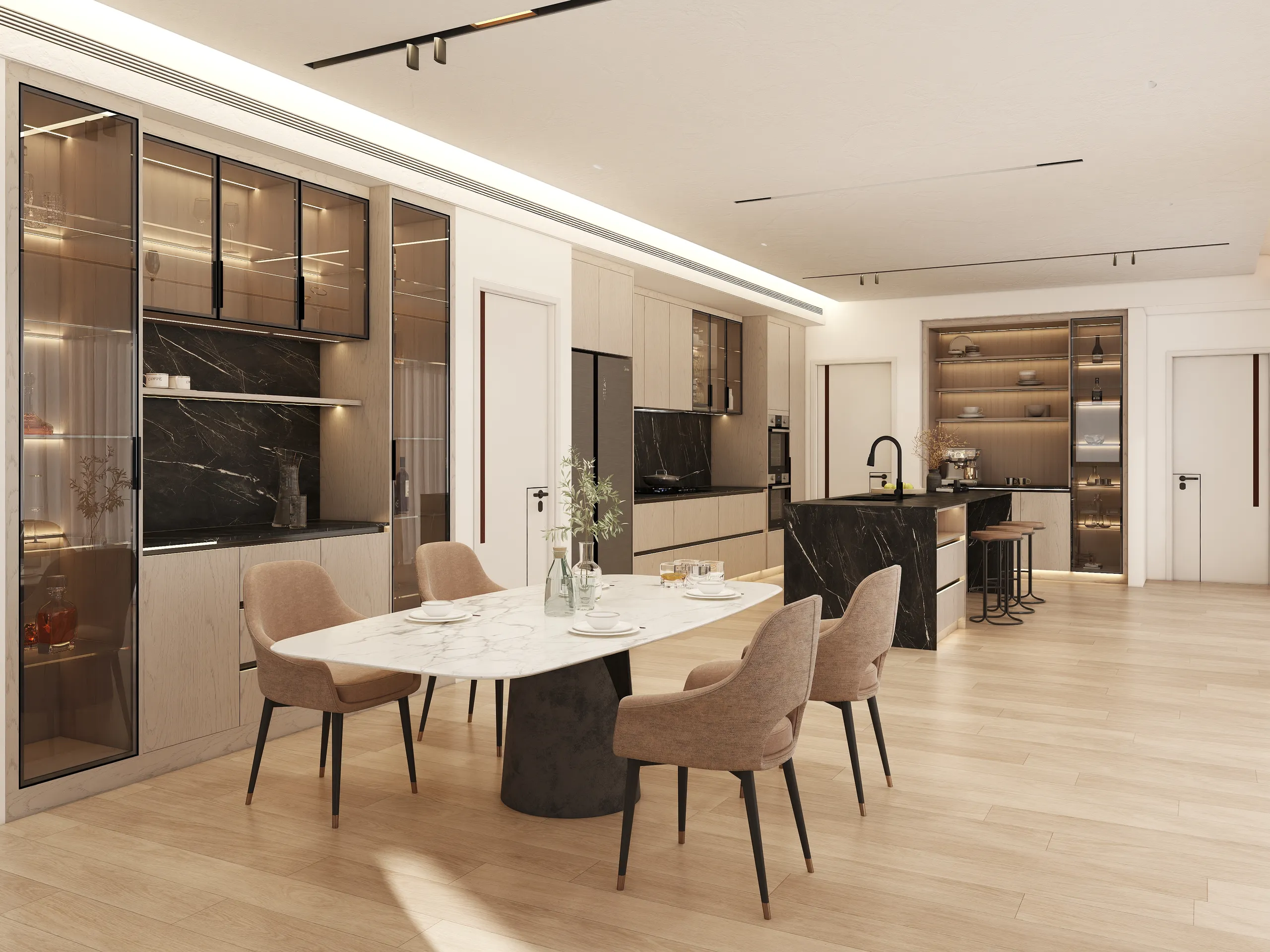 Wood veneer cabinets with black marble accents and glass shelves