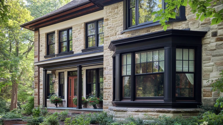 Historic property with custom storm windows for enhanced protection and energy efficiency.