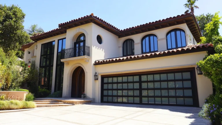 Modern glass garage door in a luxurious home with a large driveway.