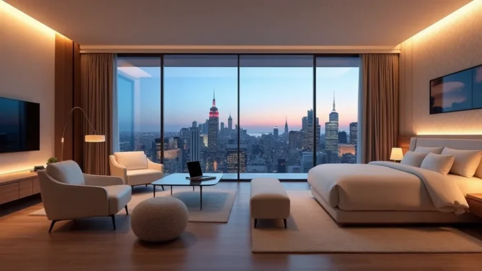 Luxury hotel room with floor-to-ceiling aluminum windows, offering breathtaking city skyline views.