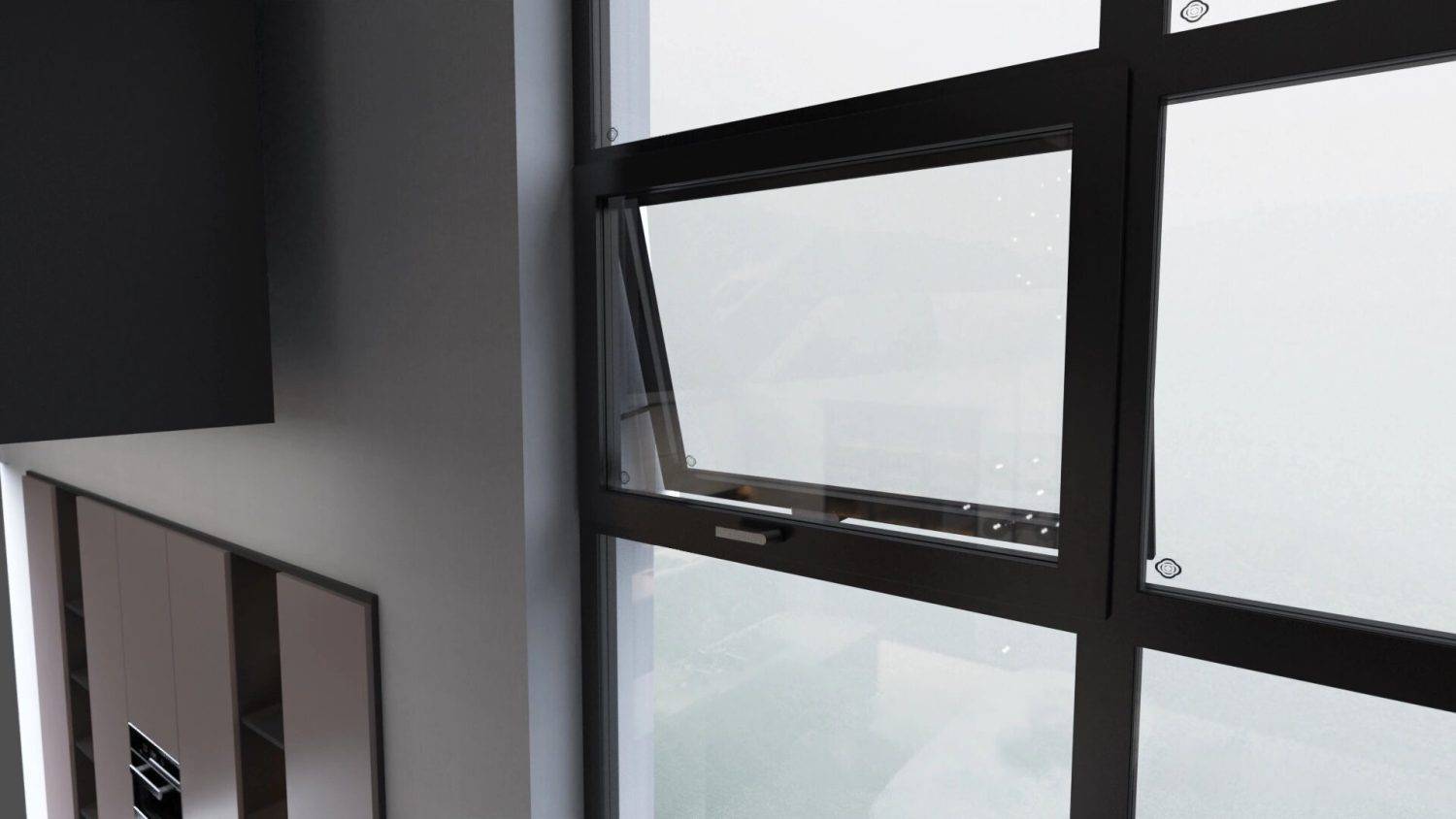 Black-framed aluminum awning window slightly open, allowing ventilation while preventing rain entry.