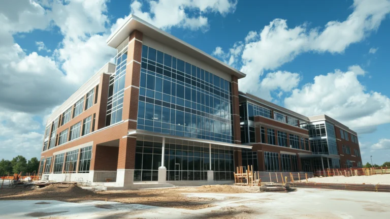 Exterior view of a school building under construction with scaffolding and clear blue skies.