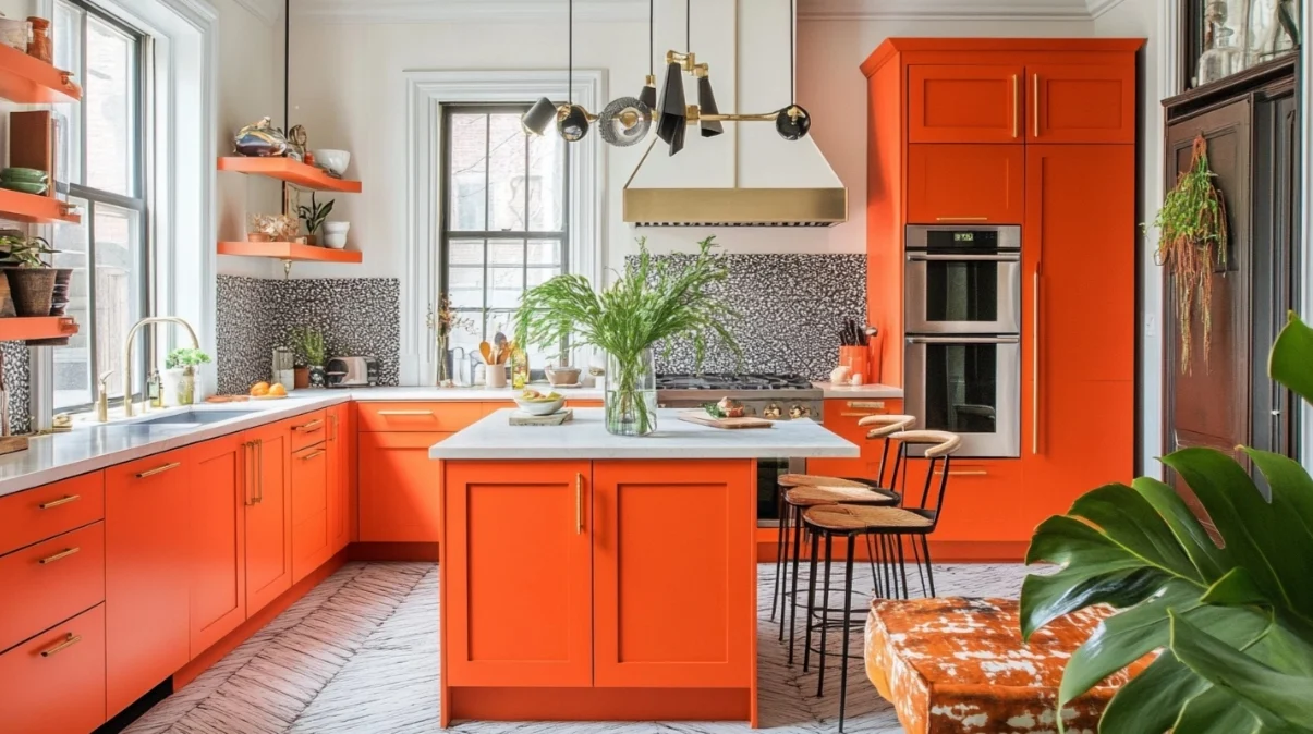 Cocina de inspiración boho, los gabinetes naranjas añaden un toque lúdico y enérgico.