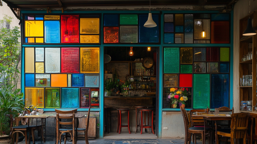 Colored and frosted glass windows on a storefront, creating a vibrant and modern look.
