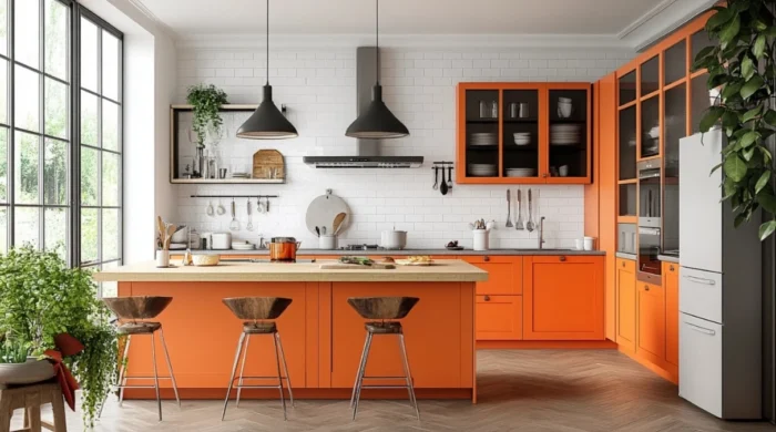 Cocina de estilo rústico, gabinetes de color naranja.