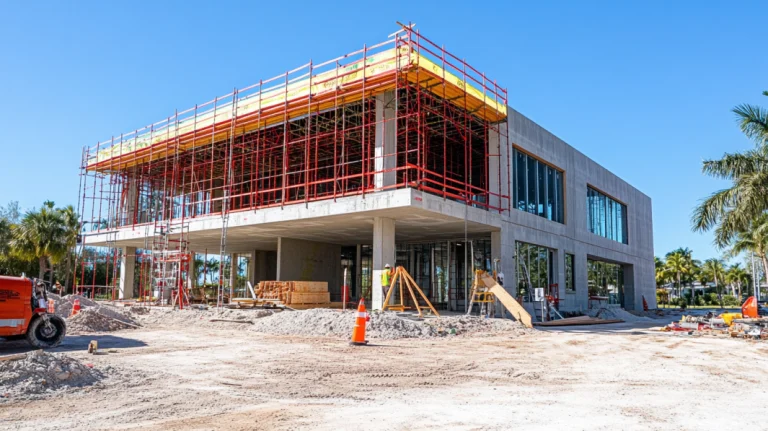 Hospital construction site with scaffolding and building structure under development.