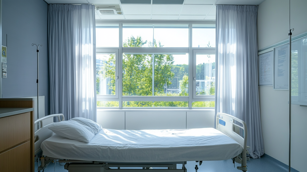 Hospital room with large windows, providing ample natural light for patient comfort and enhancing the medical environment.
