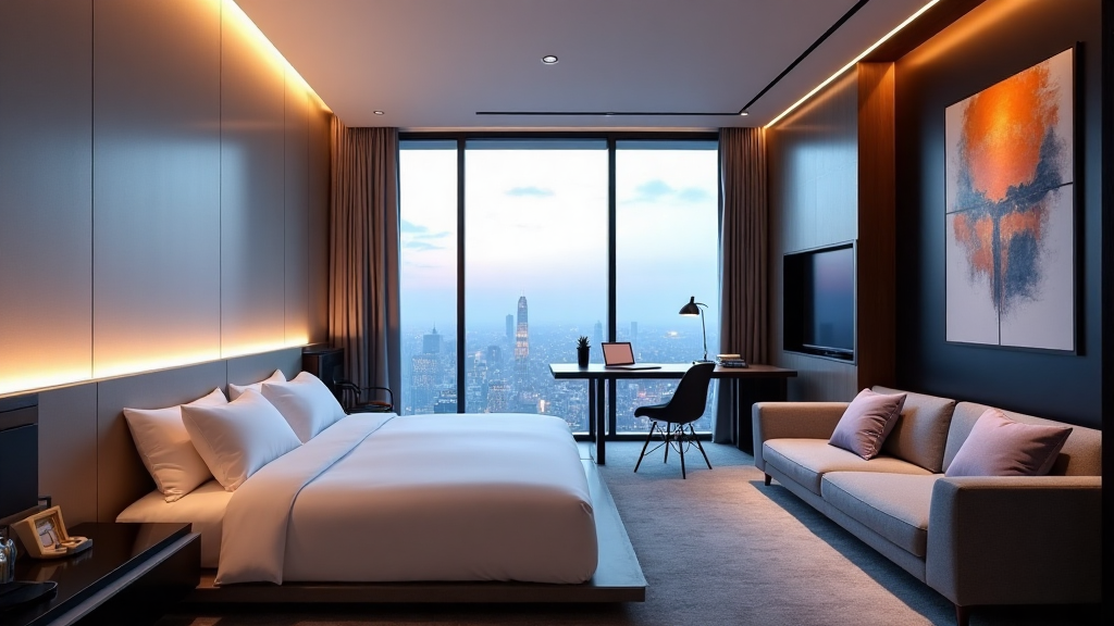 Luxury hotel room with large windows providing city views, ensuring guest comfort and noise reduction.