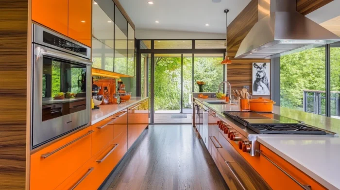 Gabinetes de cocina modernos en tonos naranja y madera
