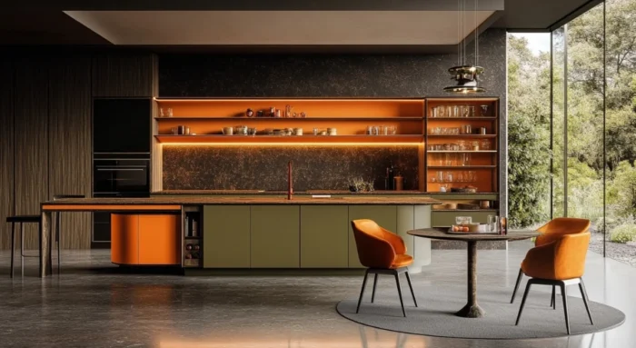 Gabinetes de cocina modernos en tonos naranja y verde