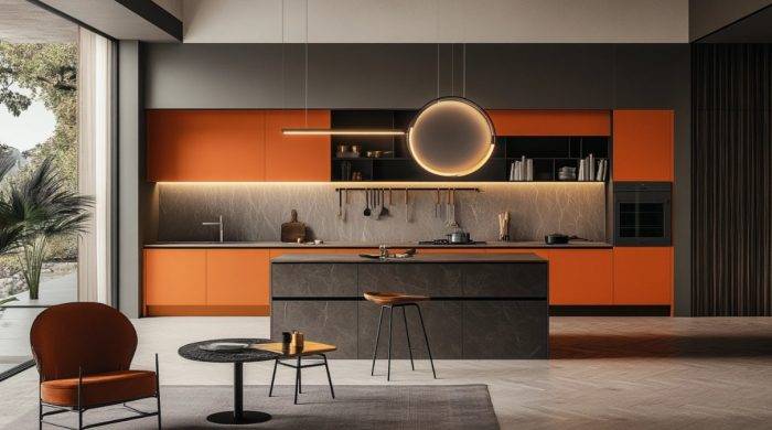 modern Orange kitchen cabients, Integrate neutral colors (like beige, taupe, or soft gray) into walls or decorative elements