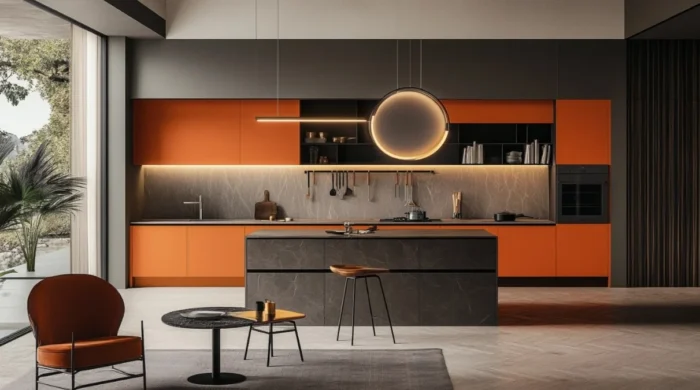 Gabinetes de cocina modernos de color naranja. Integre colores neutros (como beige, gris topo o gris suave) en paredes o elementos decorativos.