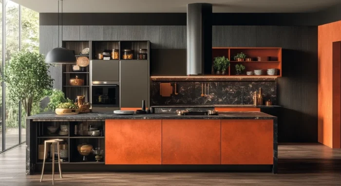 gabinetes de cocina modernos negros y naranjas