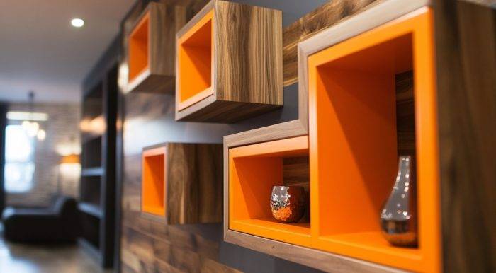 modern cabients with orange open shelving