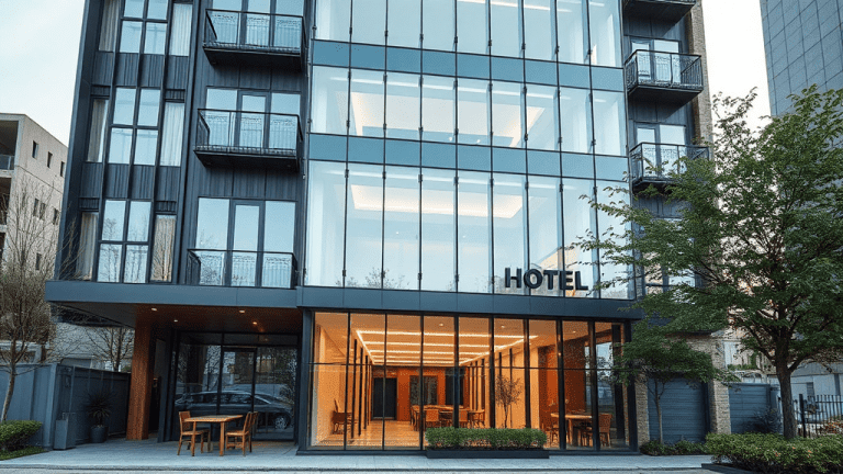 Modern hotel exterior with large glass windows and a stylish design, showcasing the importance of hotel construction costs and high-quality materials in 2025.