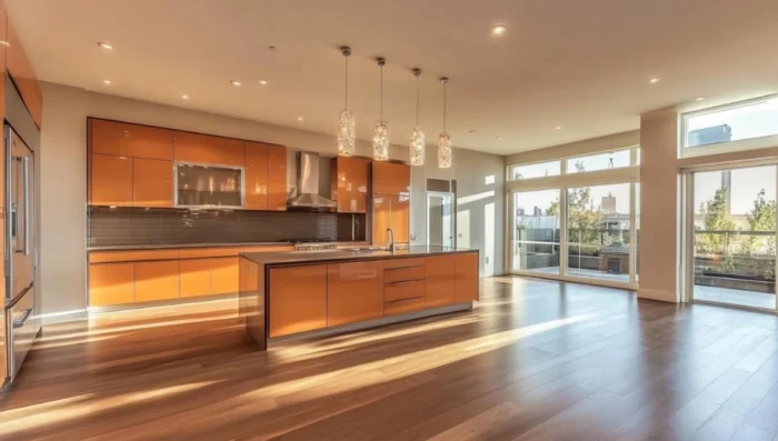 Gabinete de cocina moderno lacado en naranja con pisos de madera.
