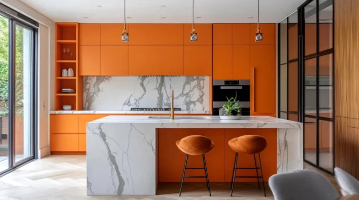 Mueble de cocina moderno de color naranja claro con isla de mármol blanco.