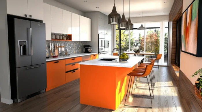Gabinete de cocina moderno naranja y blanco