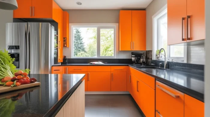 Gabinetes de cocina modernos de color naranja con encimera negra