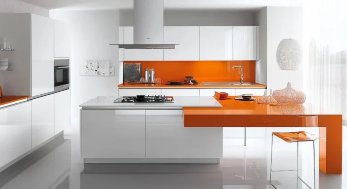 Gabinetes de cocina blancos modernos con encimera naranja