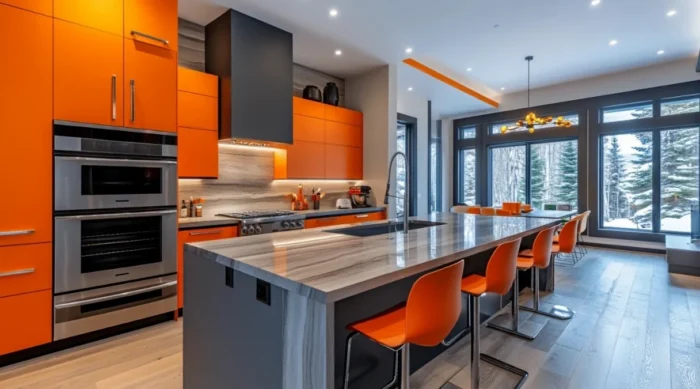 gabinete de cocina naranja y gris