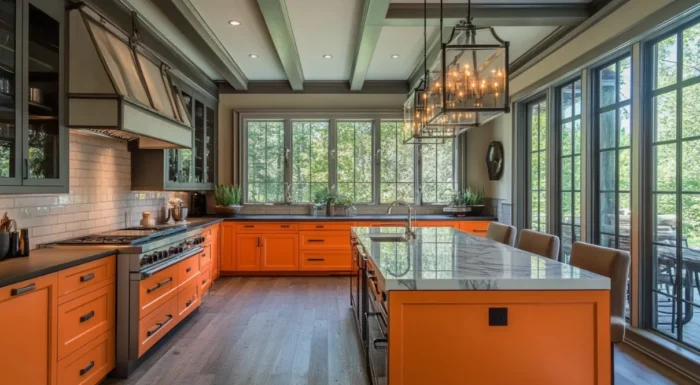 Gabinetes de cocina de color naranja para estilo americano.