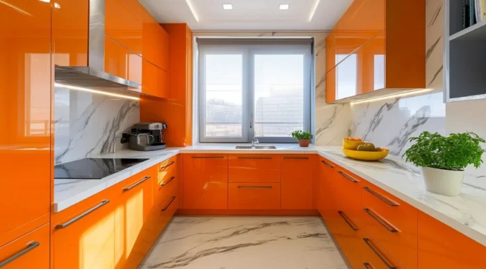Gabinetes de cocina naranjas con mármol blanco