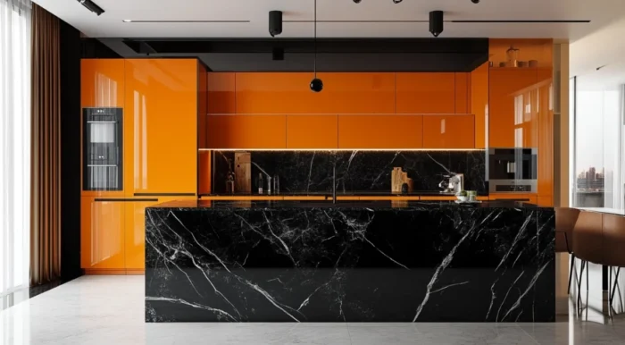 Mueble de cocina naranja con mármol negro.