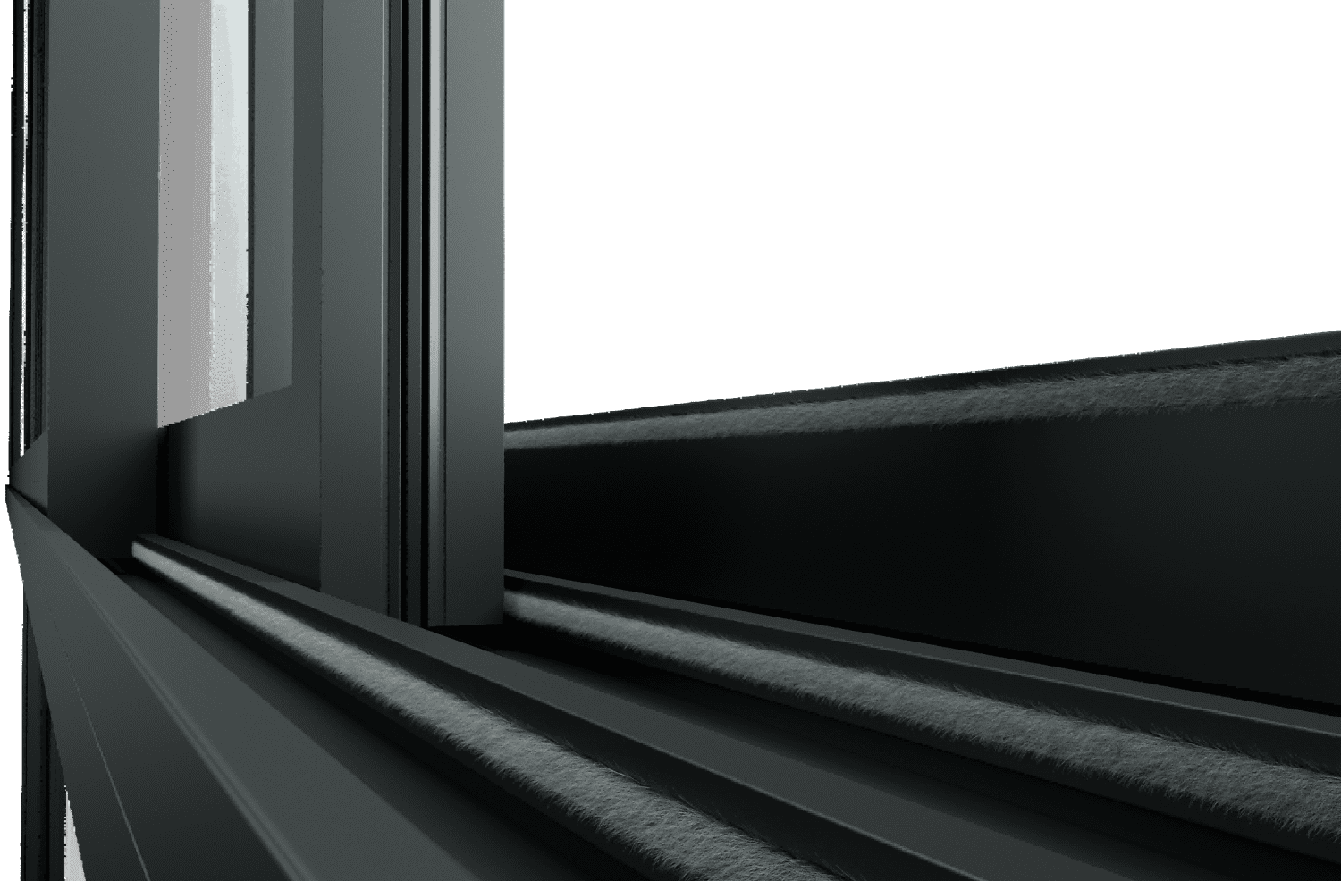 Detailed close-up of a black aluminum window frame, showcasing its seamless welding and high durability.
