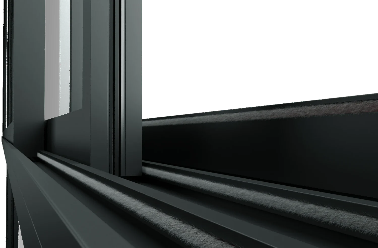 Close detalhado de uma moldura de janela de alumínio preto, mostrando sua soldagem perfeita e alta durabilidade.