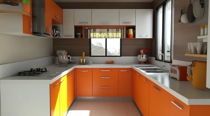 Nuevos y populares armarios de cocina en color naranja y blanco.