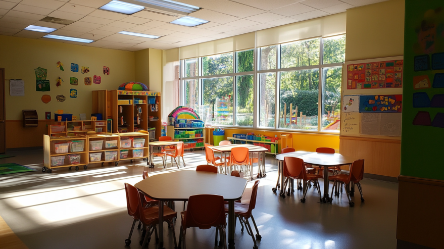 Bright classroom with large windows providing natural light, designed for educational environments.