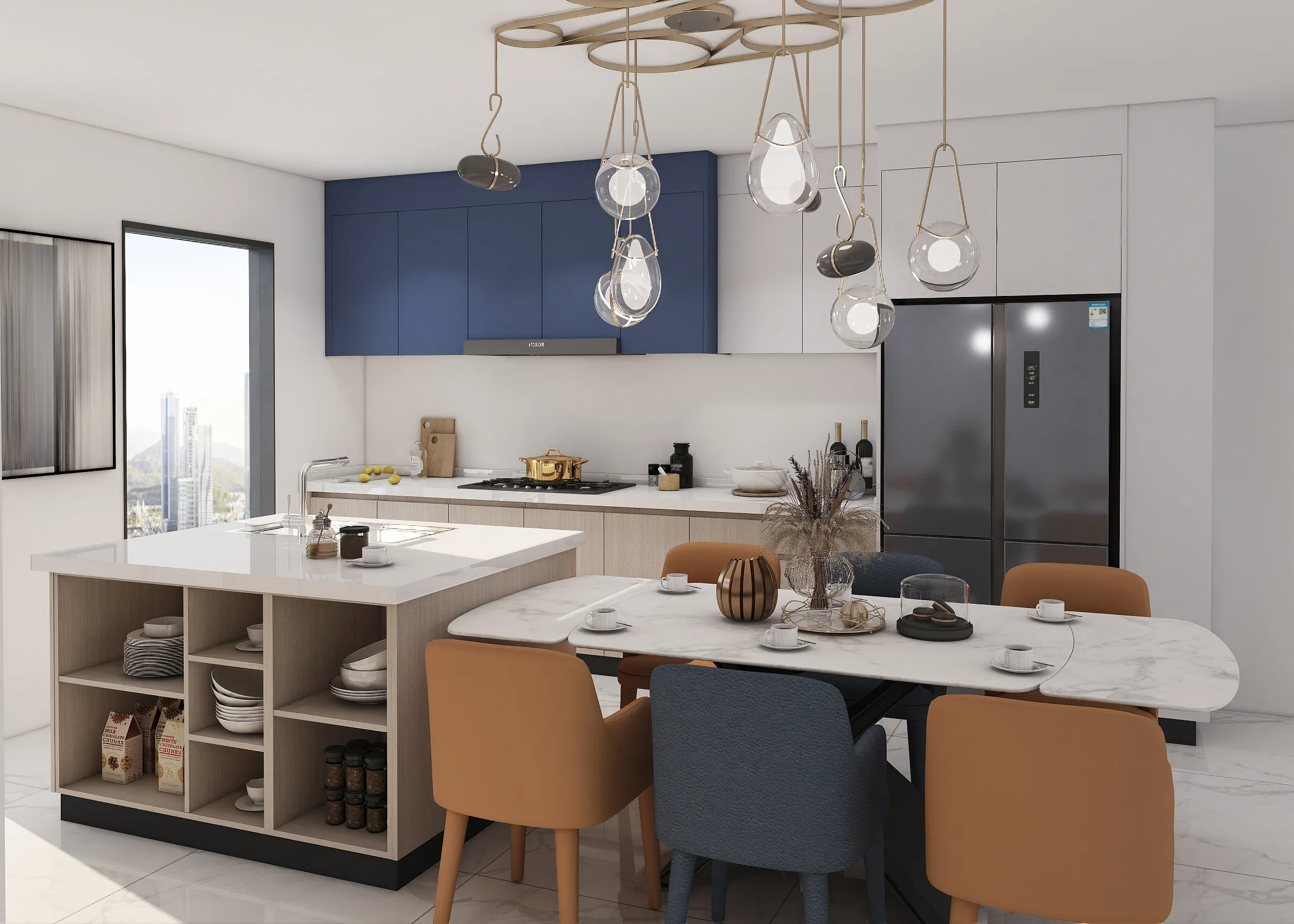 stylish blend of deep blue and light wood cabinetry with an open island for added functionality contemporary lighting and a spacious dining area
