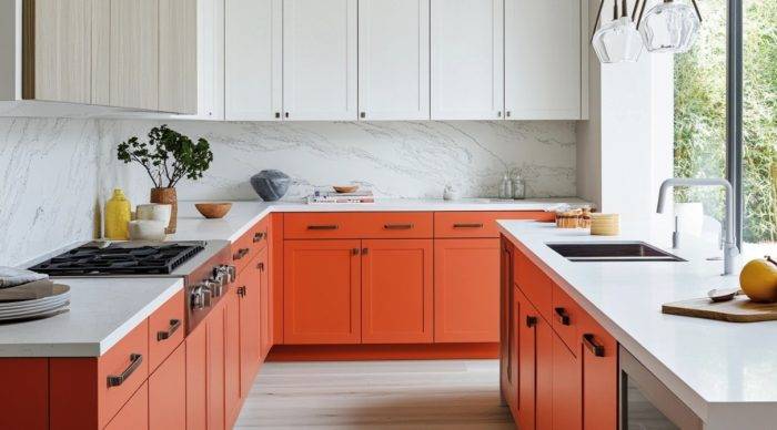 white and orange kitchen cabinets