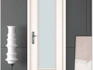 Modern laminated glass door with a sleek white frame, installed in a contemporary interior with a minimalist design.
