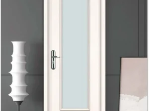 Modern laminated glass door with a sleek white frame, installed in a contemporary interior with a minimalist design.