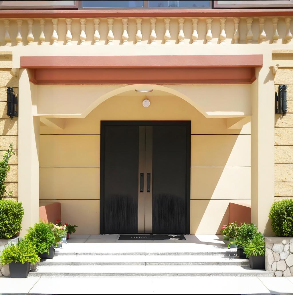 Elegant double-entry door with a modern black finish and metallic accents, set within a luxurious Mediterranean-style facade.