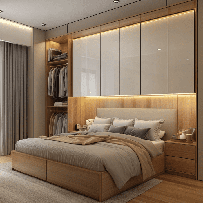 Modern wardrobe design for bedroom with floating structure and shelves